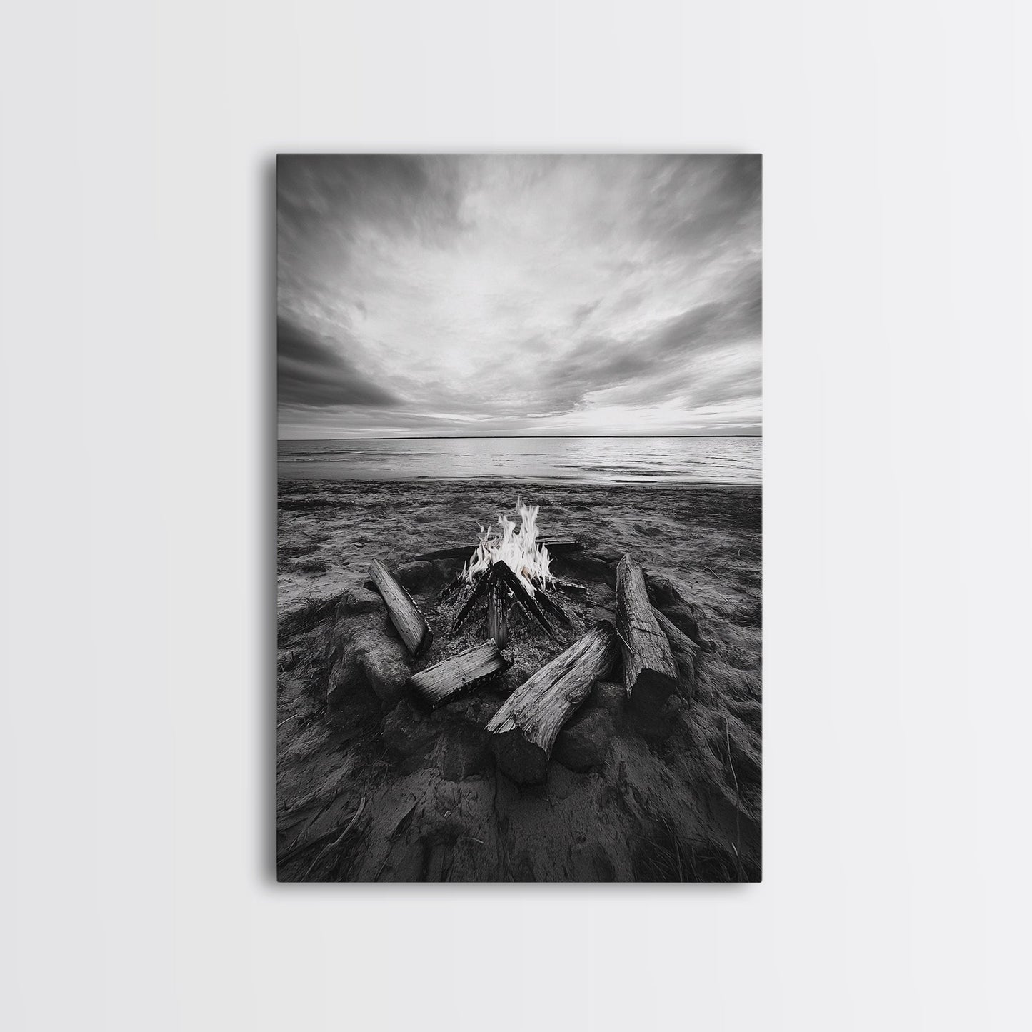 Coastal campfire glow, serene seaside bonfire, sunset flames, sandy warmth, Framed Canvas Print, Fall decor, cozy cabin wall art