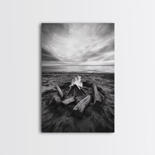 Coastal campfire glow, serene seaside bonfire, sunset flames, sandy warmth, Framed Canvas Print, Fall decor, cozy cabin wall art