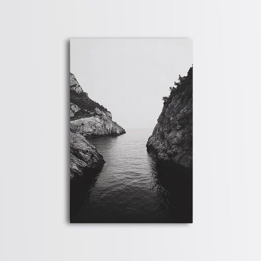 Cliffs, Ocean, Channel, Serenity - Dramatic rocky inlet view, Framed Canvas Print, ideal bathroom or hallway wall art, nature lover minimalist