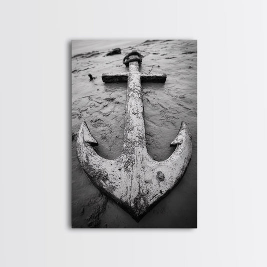 Abandoned Anchor, Nautical Decor, Black White Beach, Framed Canvas Print, Rustic Coastal Wall Art, Entryway Nautical Accent
