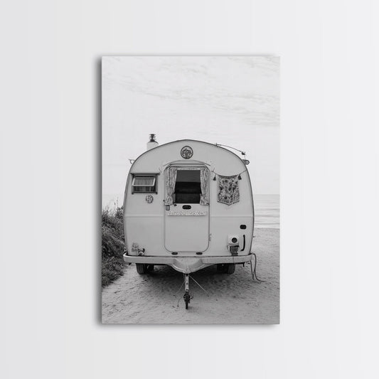 Camper, Vintage, Beach, Boho - Coastal trailer life, Framed Canvas Print, retro decor, great bedroom or travel-inspired office art, black white