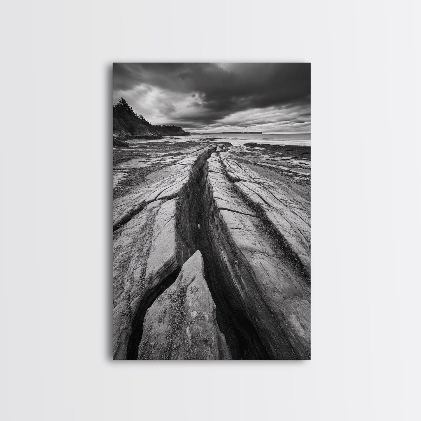 Coastal Rock Divide, Nature Pathway, Moody Beach Print, Living Room Decor, Framed Canvas Print, Minimalist Earthy Wall Art, Den Decor