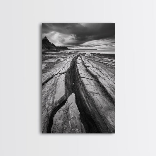 Coastal Rock Divide, Nature Pathway, Moody Beach Print, Living Room Decor, Framed Canvas Print, Minimalist Earthy Wall Art, Den Decor