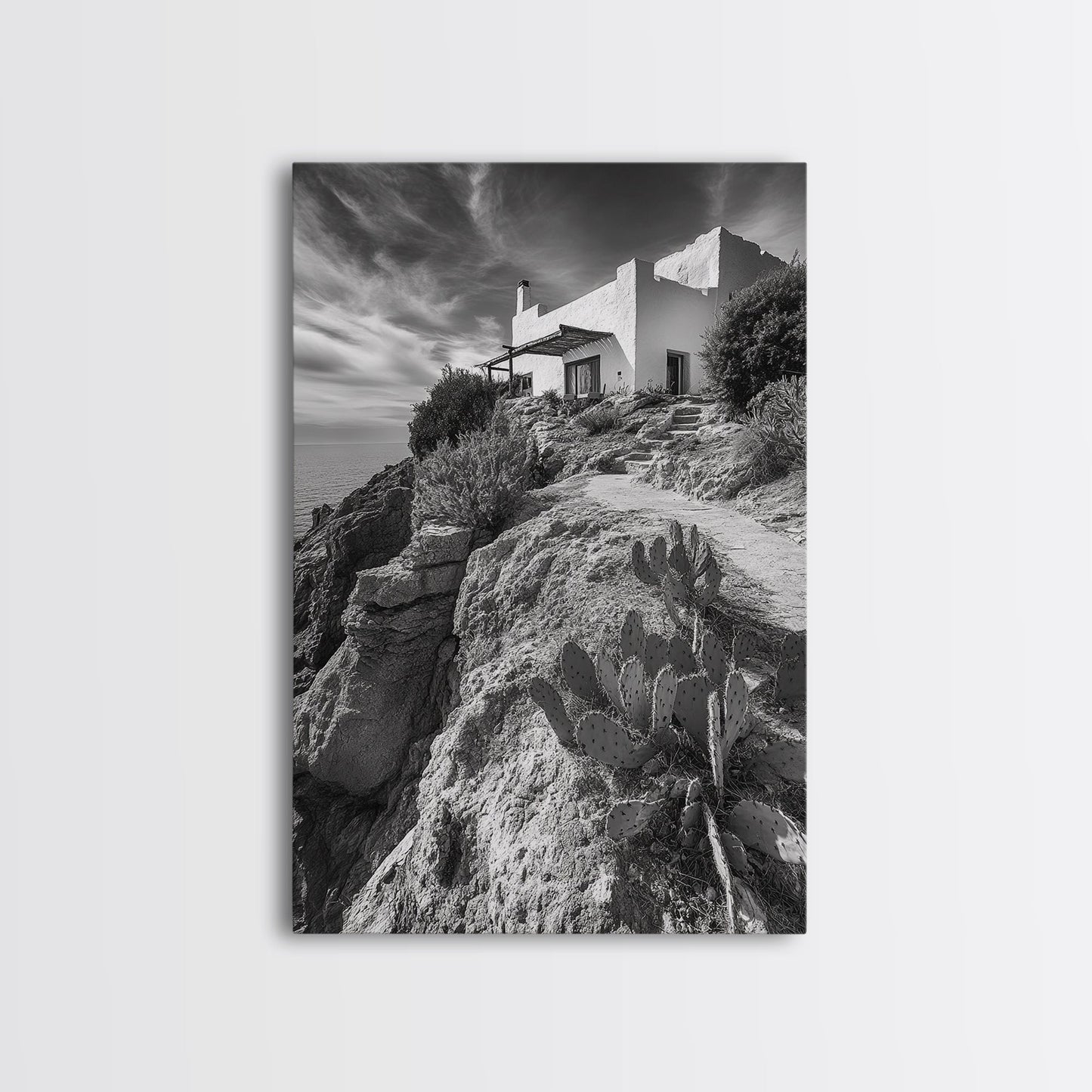 Cliffside Villa, Mediterranean Home, Desert Garden, Rustic Landscape Print, Framed Canvas Print, Modern Boho Living Room Art