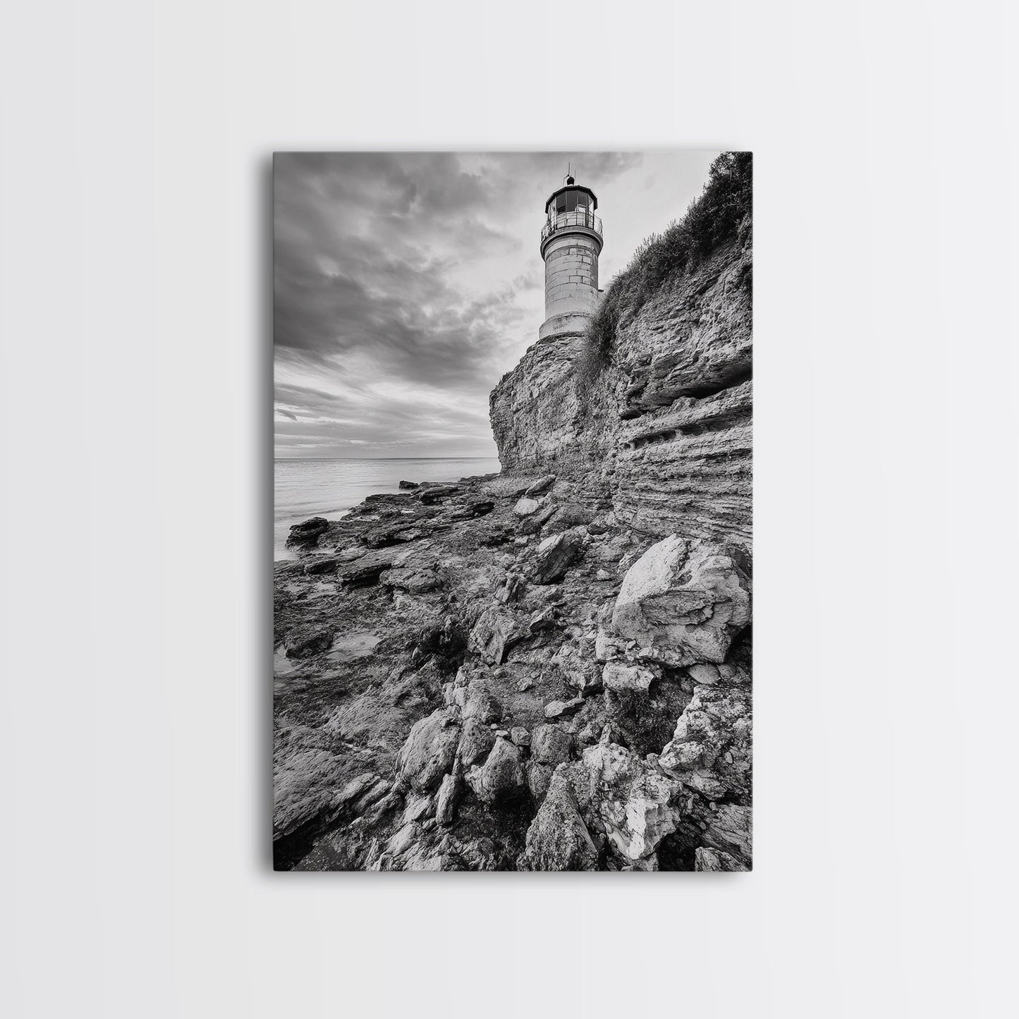 Lighthouse Beacon, Rocky Shoreline, Nautical Coastal Scene, Framed Canvas Print, Ocean View Art, Seaside Living Room Wall Decor