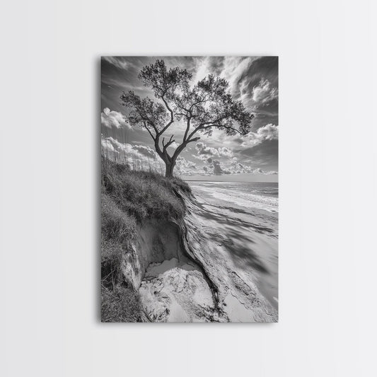 Coastal Tree Scene, Wind Swept Dune, Ocean Beach Horizon, Autumn Coastal Wall Art, Framed Canvas Print, Nature Lover Home Decor