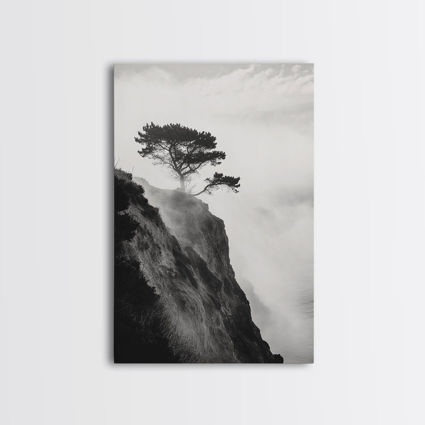 Lone Cliff Tree, Foggy Landscape, Nature Wall Decor, Framed Canvas Print, Minimalist Tree Art, Tranquil Living Room Wall Art
