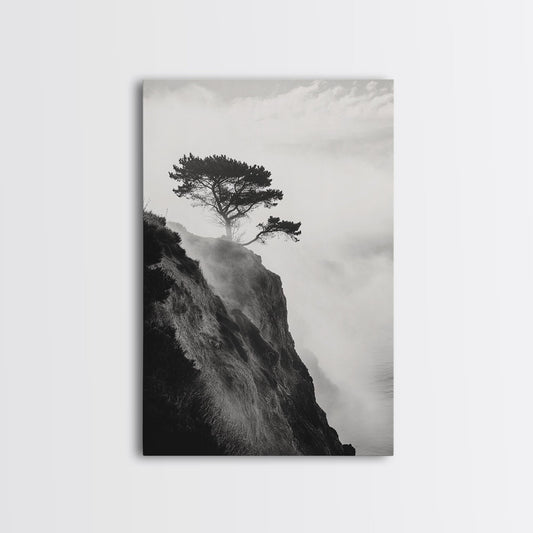 Lone Cliff Tree, Foggy Landscape, Nature Wall Decor, Framed Canvas Print, Minimalist Tree Art, Tranquil Living Room Wall Art