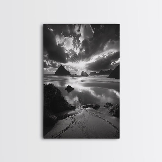 Dramatic Ocean Sunset, Coastal Mountains, Seascape Photography, Canvas Print, Stormy Sky Art, Living Room Focal Wall Decor