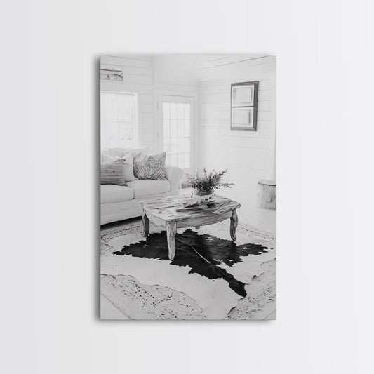 Rustic Farmhouse Table, Cozy Neutral Art, Boho Home Print, Black White Interior, Framed Canvas Print, Living Room Wall Art, Cottagecore Style