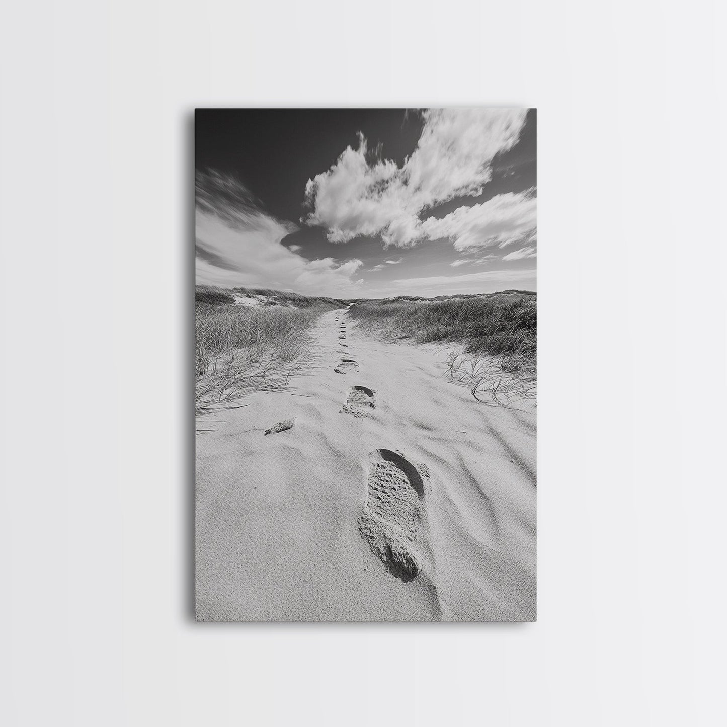 Desert Footprints Path, Dune Art, Wanderlust Vibes, Monochrome Landscape, Framed Canvas Print, Bedroom Wall Decor, Minimalist Travel