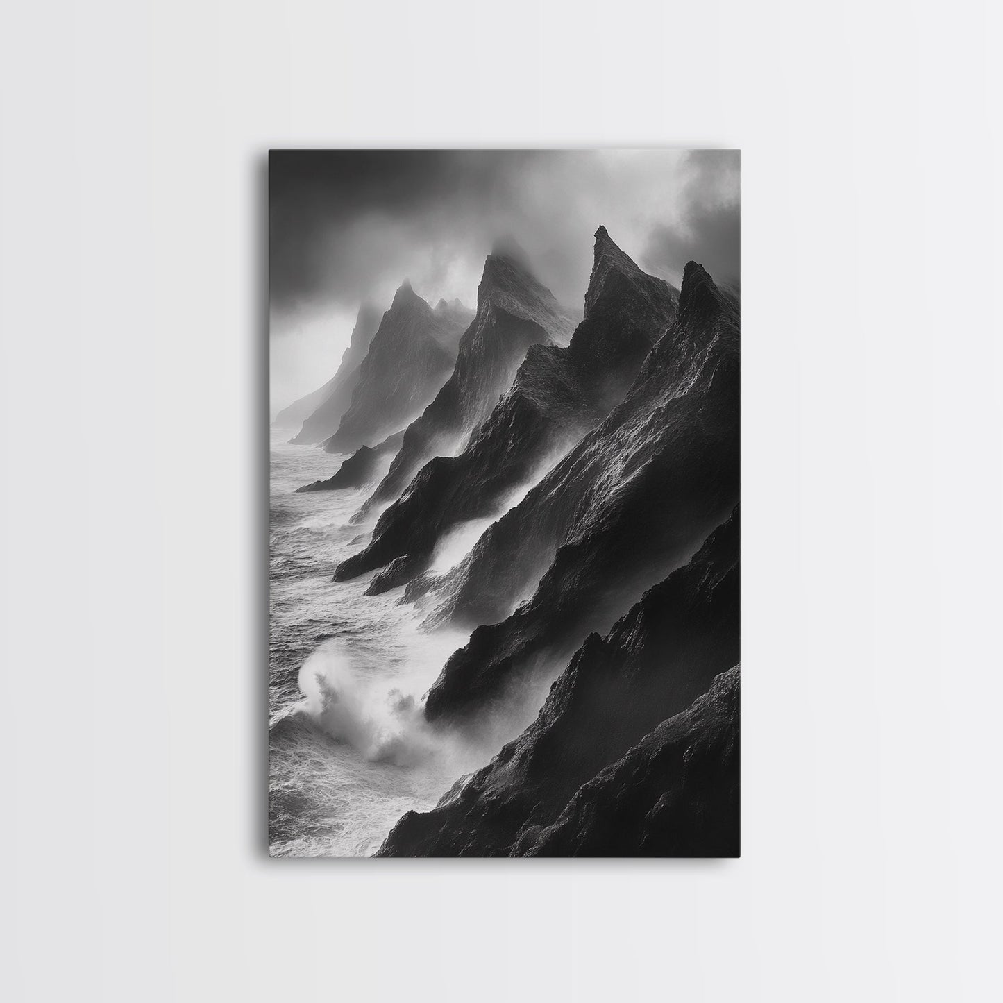 Jagged Cliff Coast, Stormy Ocean Scene, Dramatic Nature Art, Black White Photography, Framed Canvas Print, Office Wall Art, Coastal Decor