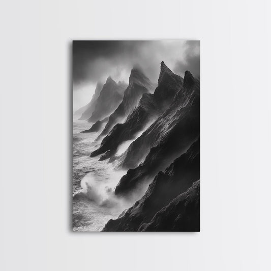 Jagged Cliff Coast, Stormy Ocean Scene, Dramatic Nature Art, Black White Photography, Framed Canvas Print, Office Wall Art, Coastal Decor