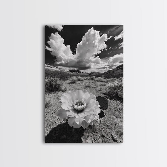 Desert Bloom, Cactus Flower, Bold Nature, Framed Canvas Print, Boho Wall Art, Southwestern Home Decor, Dramatic Desert Photography
