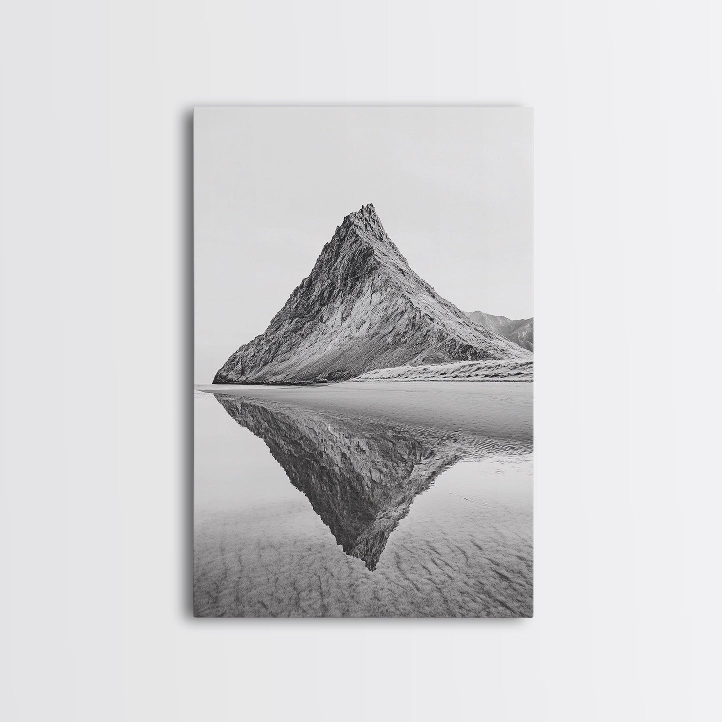 Mountain Mirror, Coastal Peak, Serene Beach, Canvas Print, Minimalist Landscape Art, Modern Living Room Wall Decor, Monochrome Nature Style