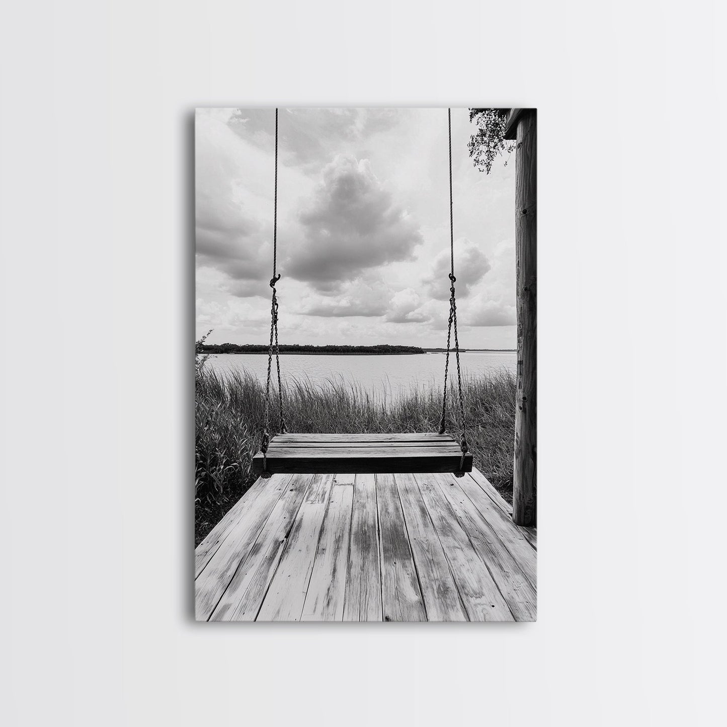 Lake Swing, Cloudy Sky, Calm View, Framed Canvas Print, Farmhouse Wall Art, Serene Kitchen Decor, Rustic Black and White Photography
