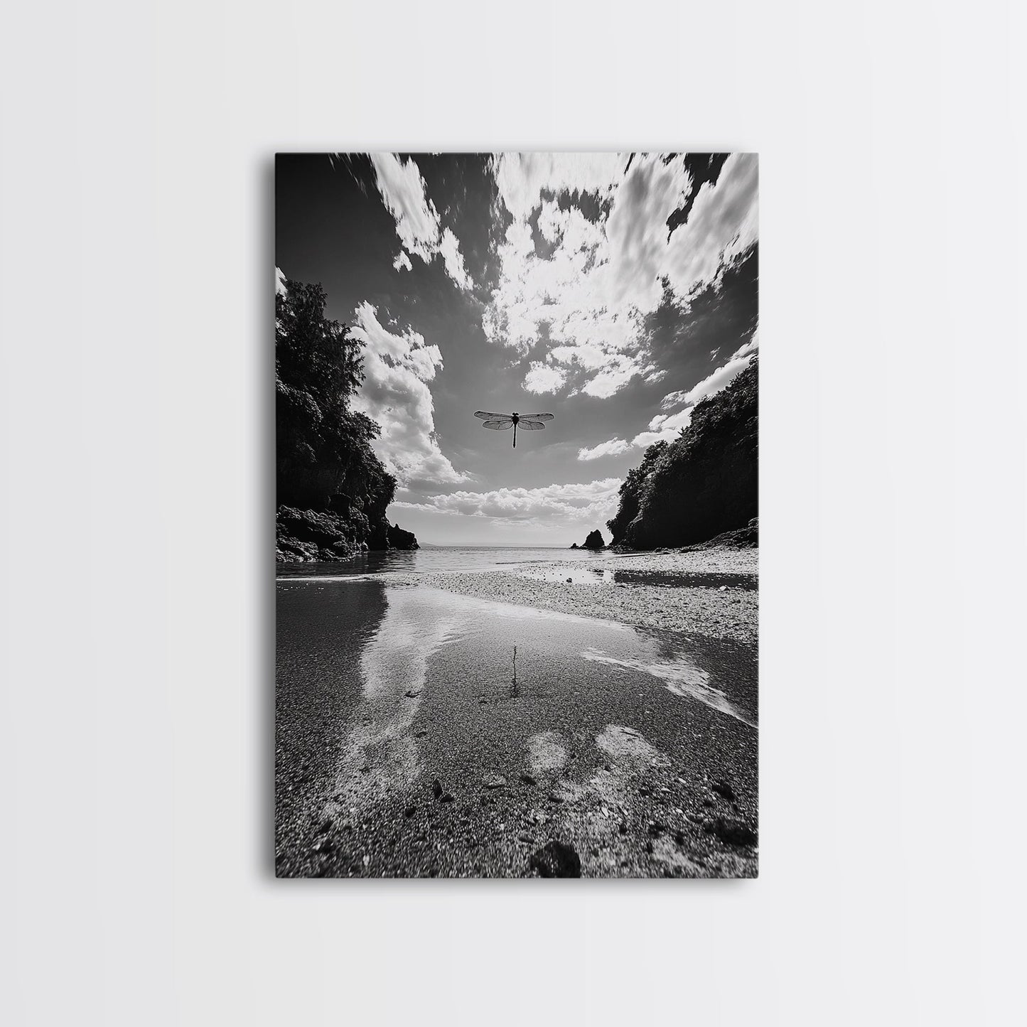 Dragonfly Flight, Beach View, Nature Dream, Framed Canvas Print, Whimsical Wall Art, Surreal Living Room Decor, Black and White Nature Style