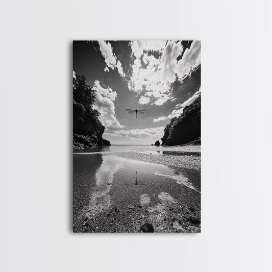 Dragonfly Flight, Beach View, Nature Dream, Framed Canvas Print, Whimsical Wall Art, Surreal Living Room Decor, Black and White Nature Style
