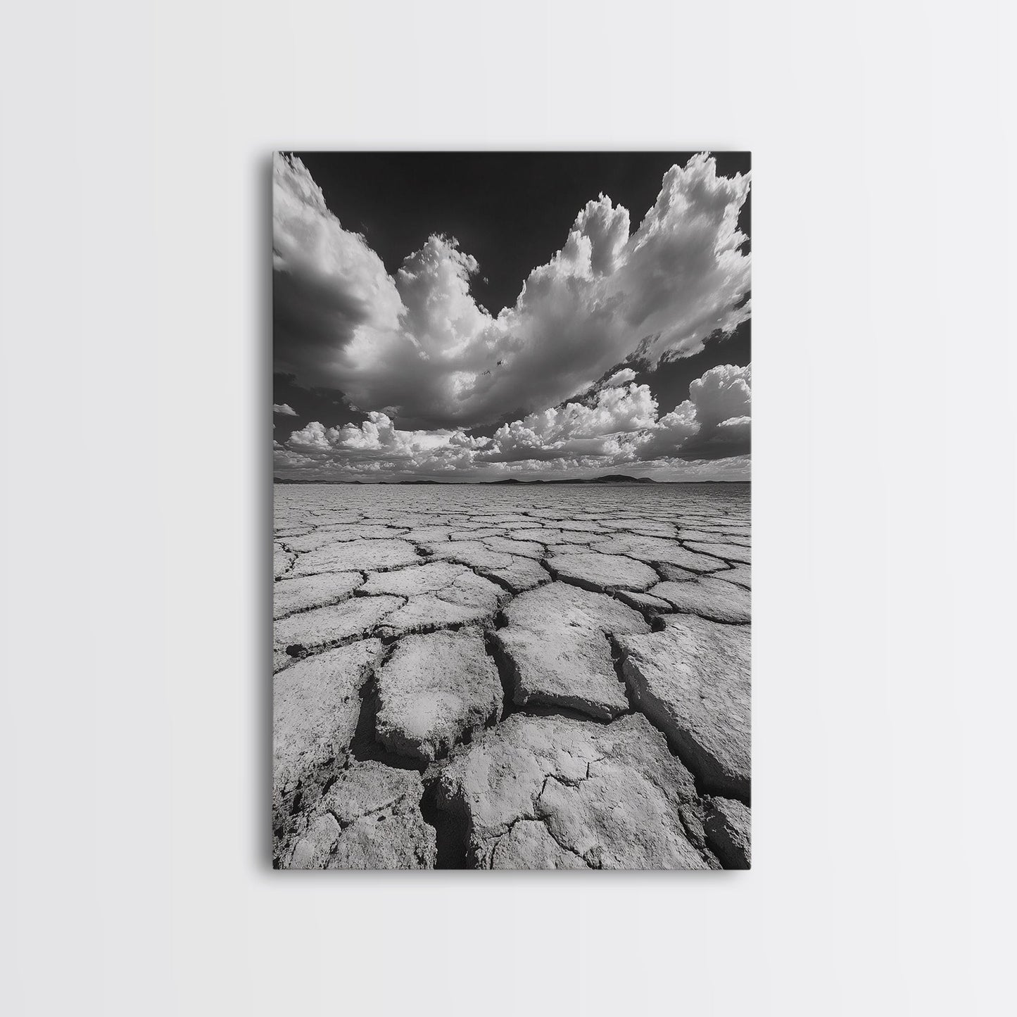 Cracked Earth, Storm Sky, Desert View, Framed Canvas Print, Dramatic Landscape Art, Modern Living Room Decor, Moody Minimalist Wall Art