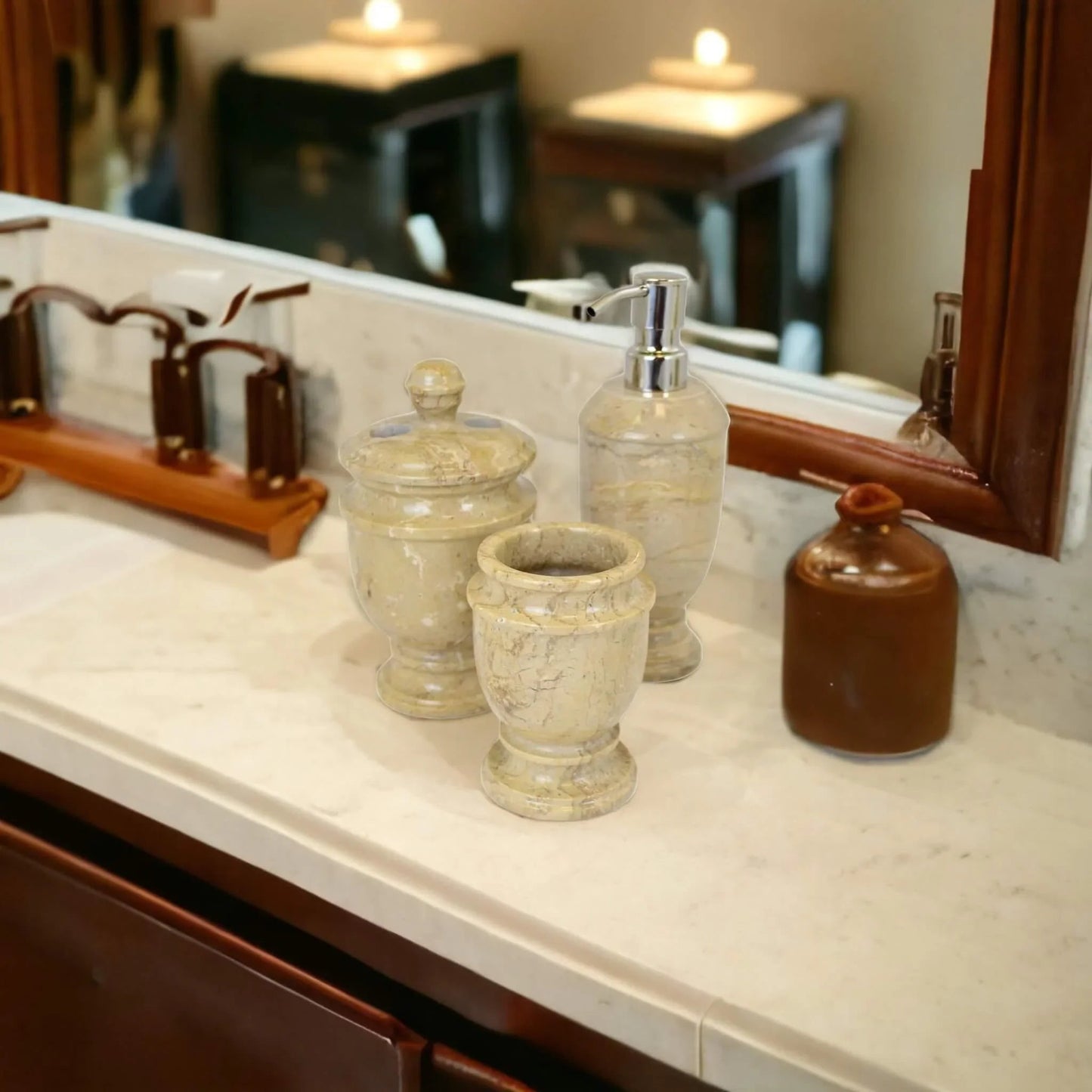 3 Piece Bathroom Accessory Set- Elegant Bathroom set in Sahara Beige Marble