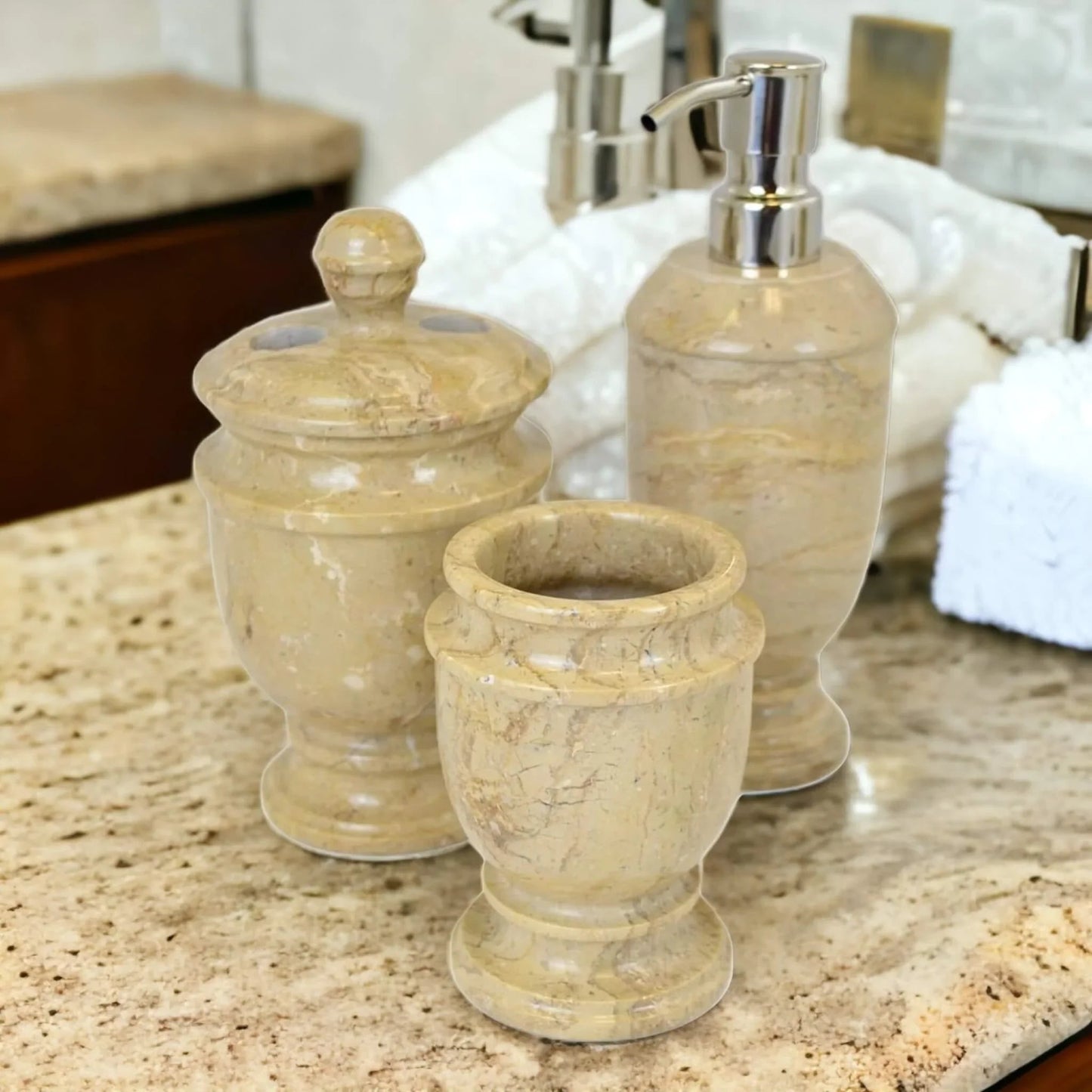 3 Piece Bathroom Accessory Set- Elegant Bathroom set in Sahara Beige Marble