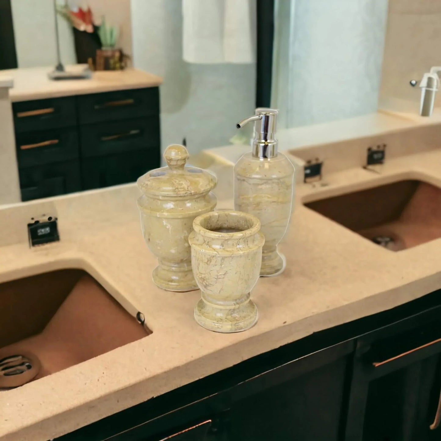 3 Piece Bathroom Accessory Set- Elegant Bathroom set in Sahara Beige Marble