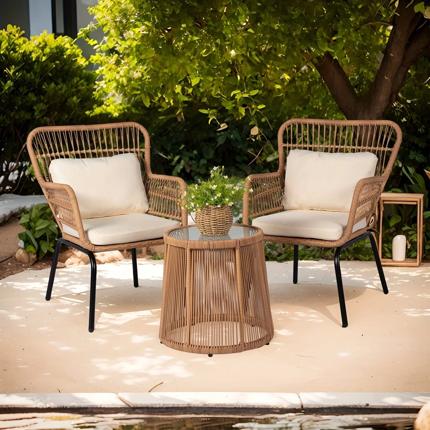3-Piece Boho Wicker Patio Bistro Set with Beige Cushions