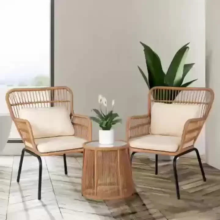 3-Piece Boho Wicker Patio Bistro Set with Beige Cushions