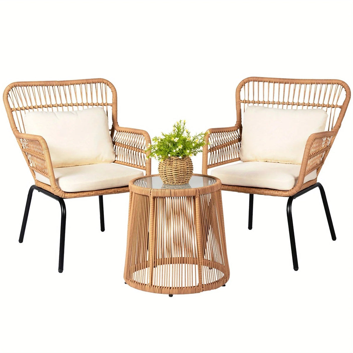 3-Piece Boho Wicker Patio Bistro Set with Beige Cushions