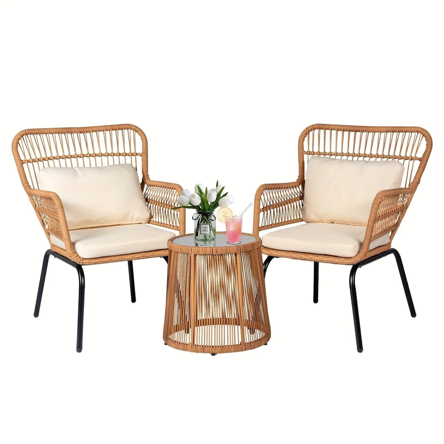 3-Piece Boho Wicker Patio Bistro Set with Beige Cushions