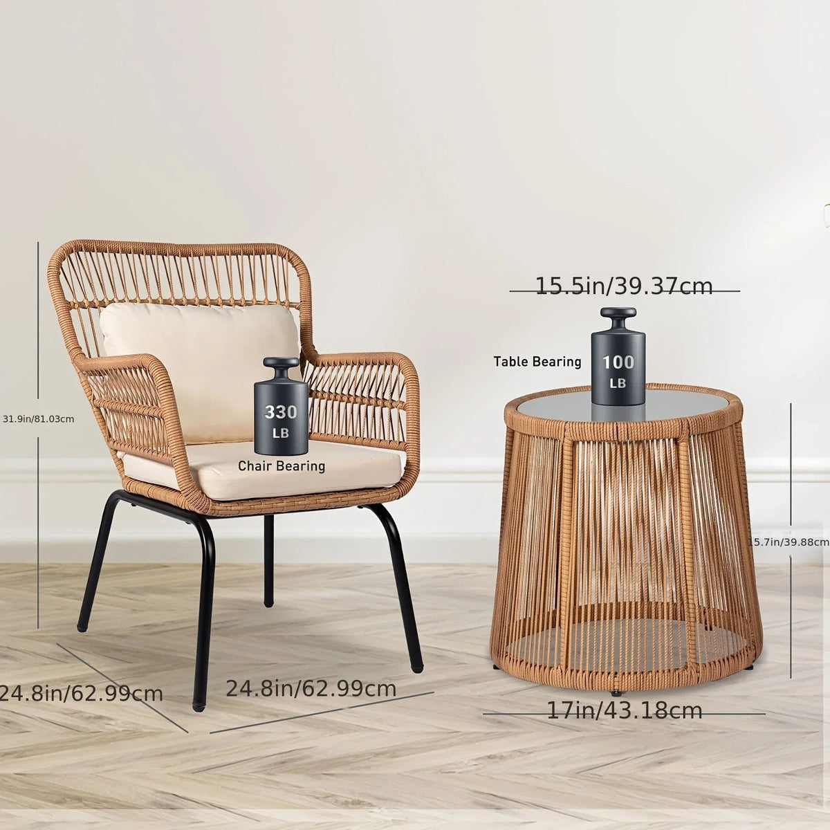3-Piece Boho Wicker Patio Bistro Set with Beige Cushions