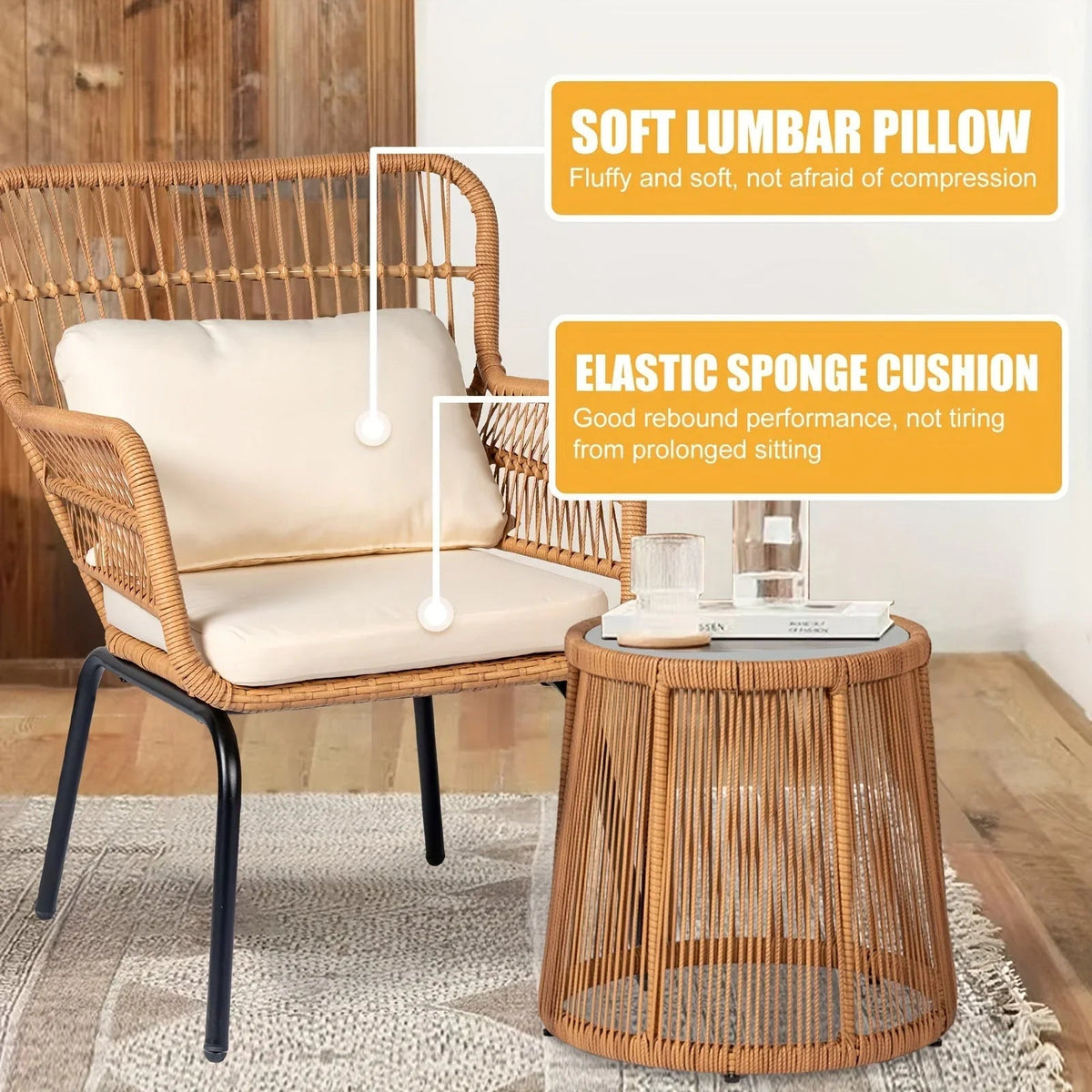 3-Piece Boho Wicker Patio Bistro Set with Beige Cushions