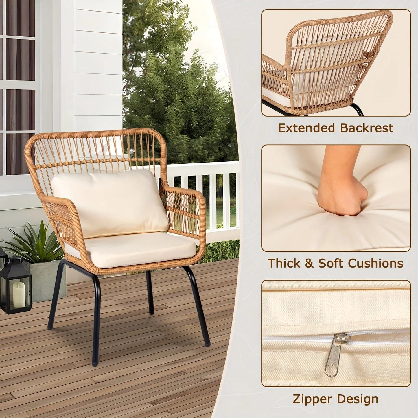 3-Piece Boho Wicker Patio Bistro Set with Beige Cushions