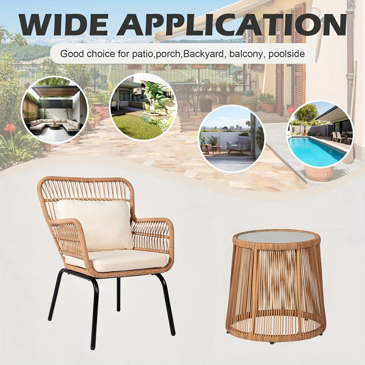 3-Piece Boho Wicker Patio Bistro Set with Beige Cushions