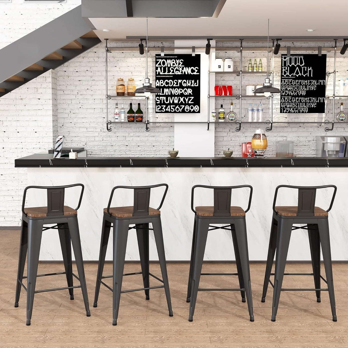 30 Inch Bar Stools Set Of 4 Matte Black Wood Seat With Back