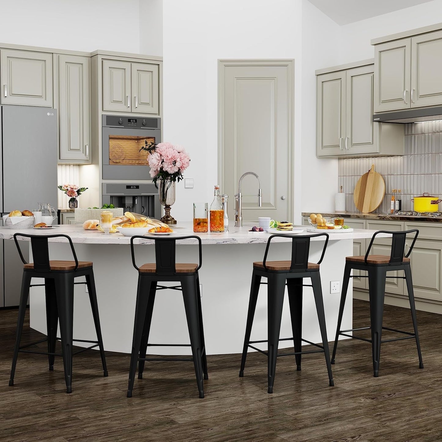 30 Inch Bar Stools Set Of 4 Matte Black Wood Seat With Back