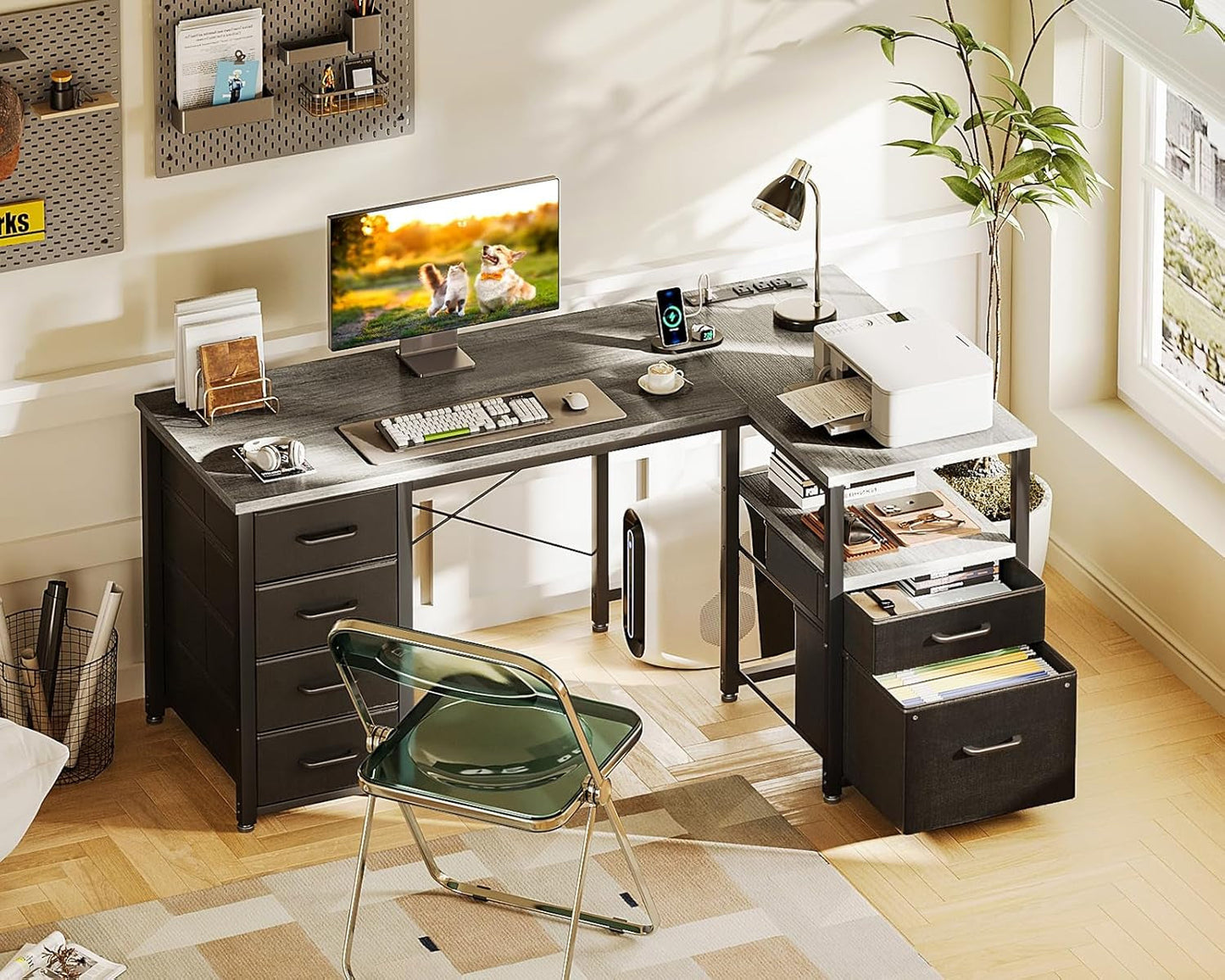 L Shaped Computer Desk With 6 Drawers And Power Outlet