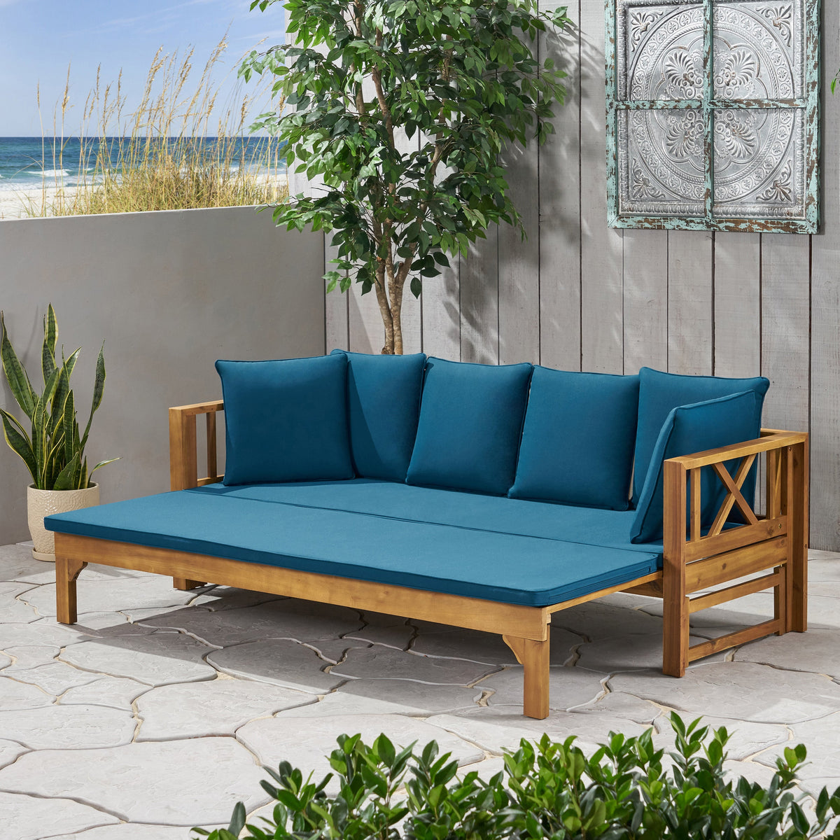 Outdoor Extendable Acacia Wood 3 Seater Sofa