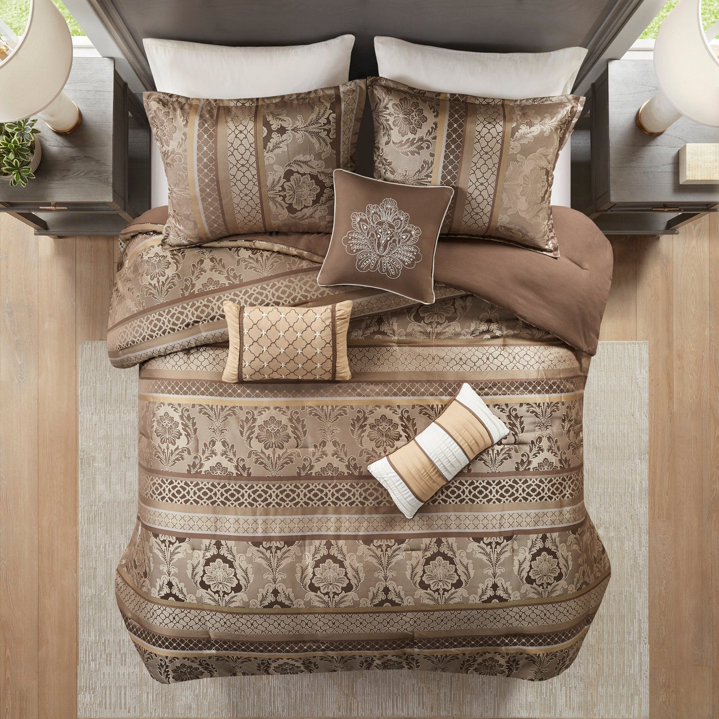 7 Piece Jacquard Comforter Set Brown/Gold Cal King