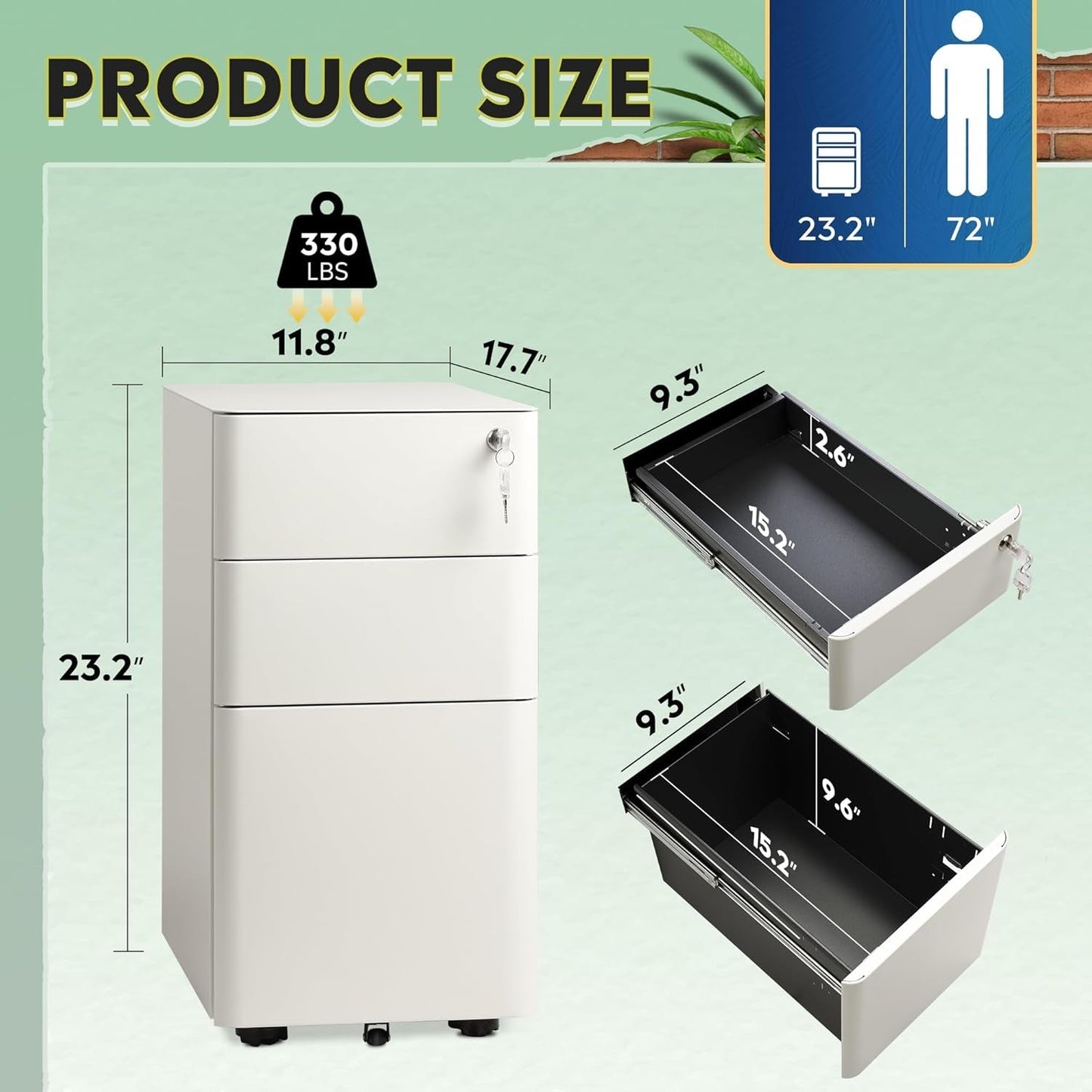 White 3 Drawer Slim File Cabinet For Office Lockable