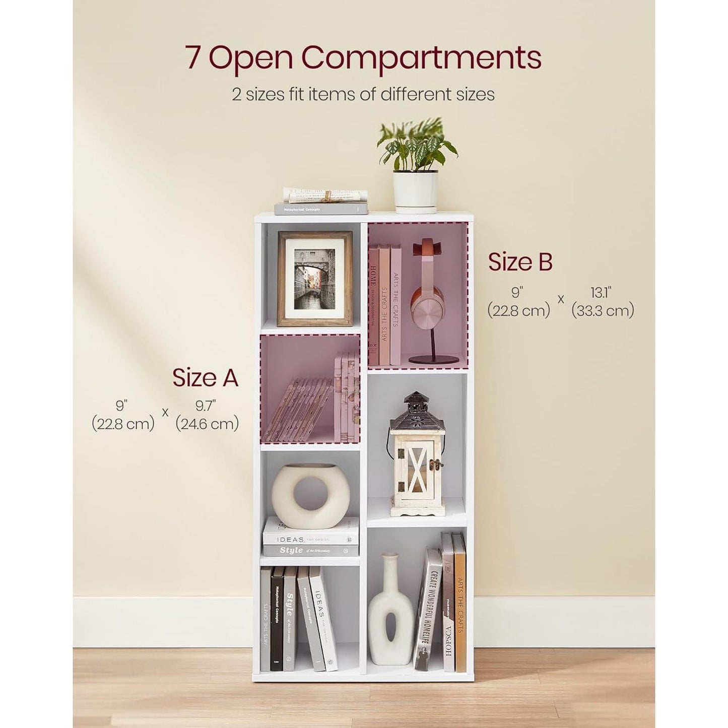 White 7 Compartment Bookcase Shelving Unit For Living Room And Home Office