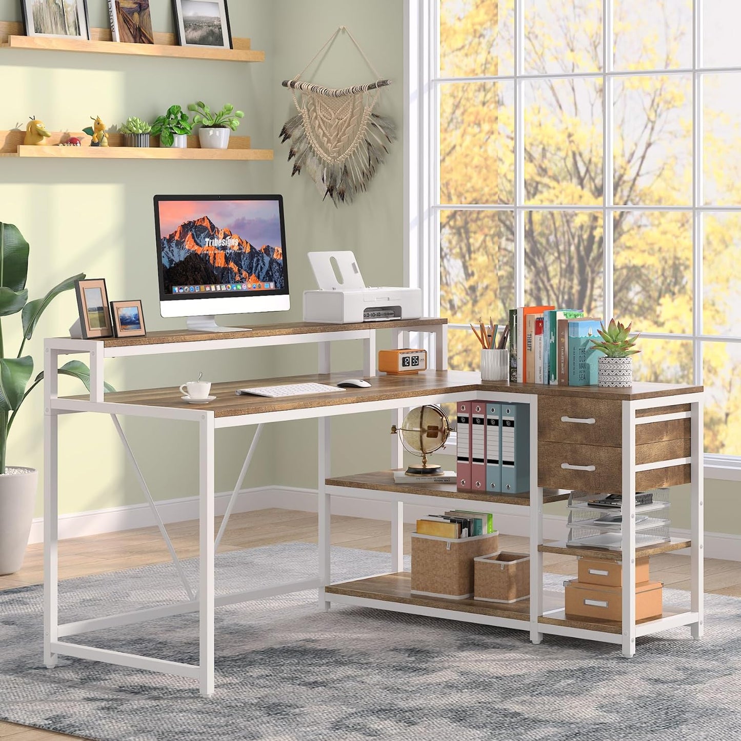 55-Inch L-Shaped Home Office Desk with Monitor Riser