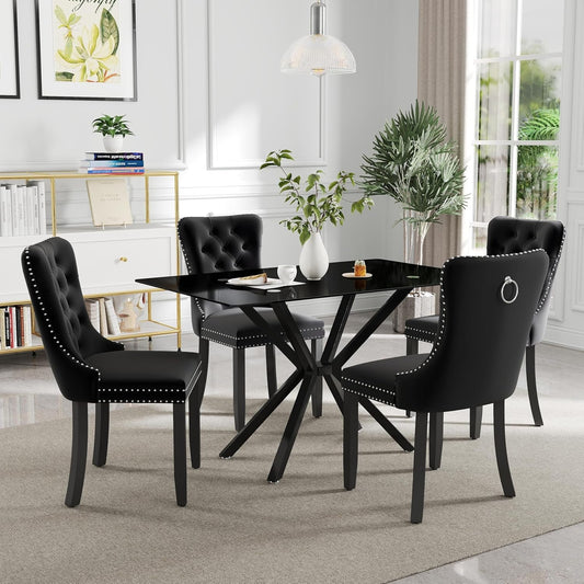 BlackGlassDiningSetForFourTuftedChairsWithNonSlipFeet