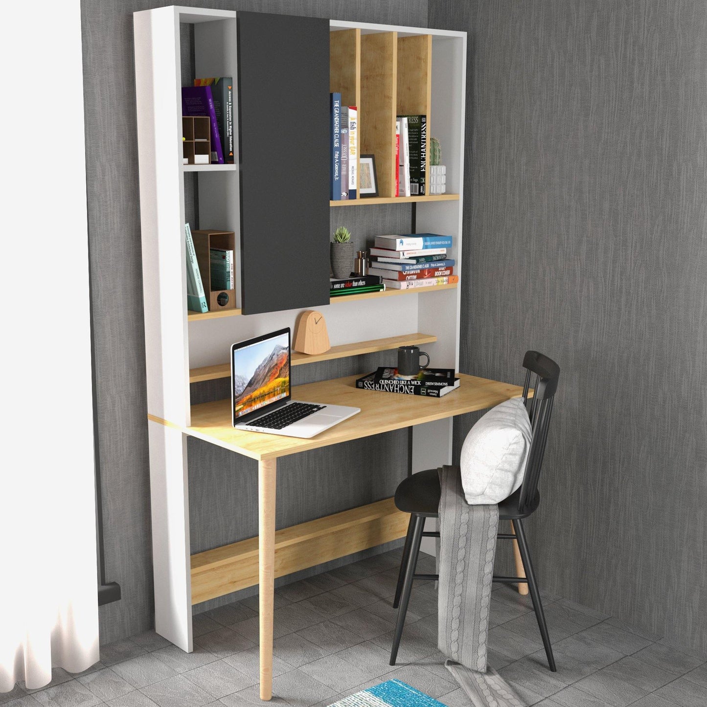 Wood 77" Tall Multifunctional Computer Credenza Desk with A Cabinet & Shelves