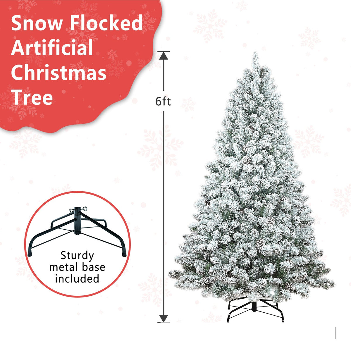 6FT Flocked Christmas Tree with Pine Cones