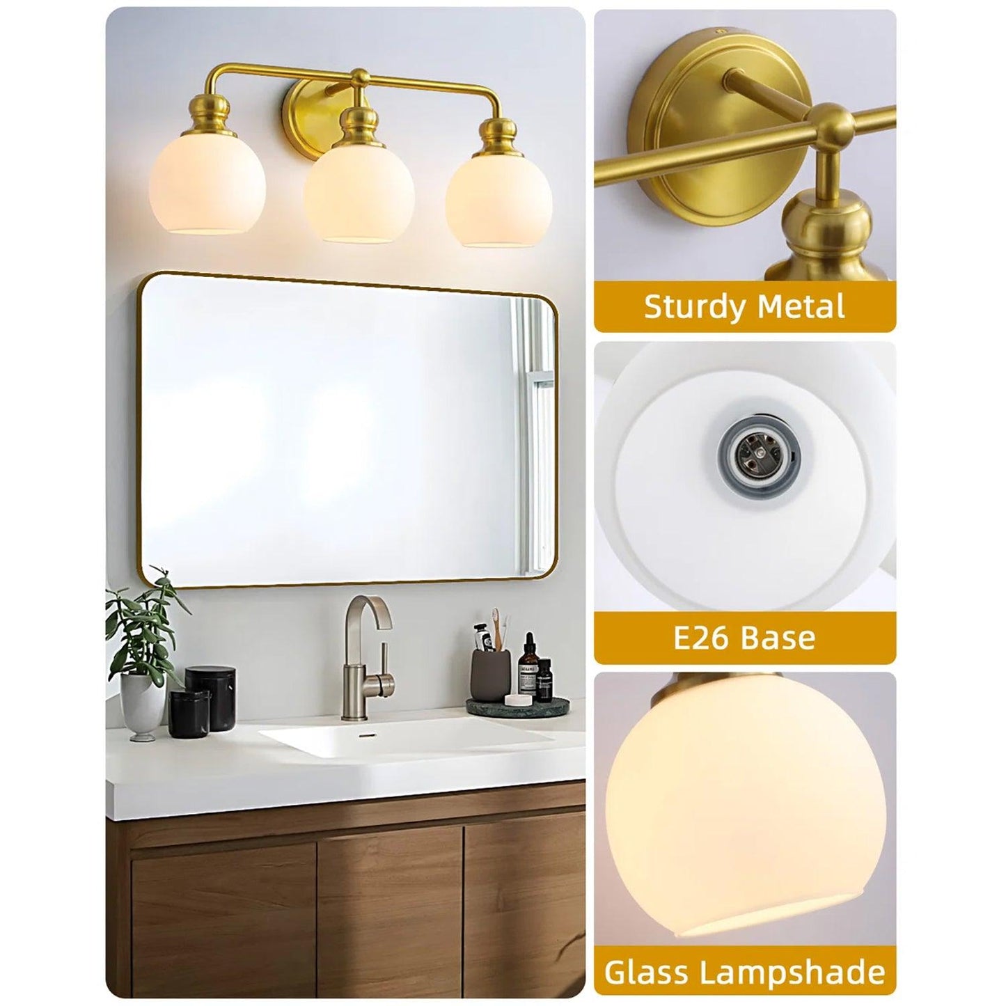 Irvine Gold Modern Frosted Glass 3-Light Vanity Light
