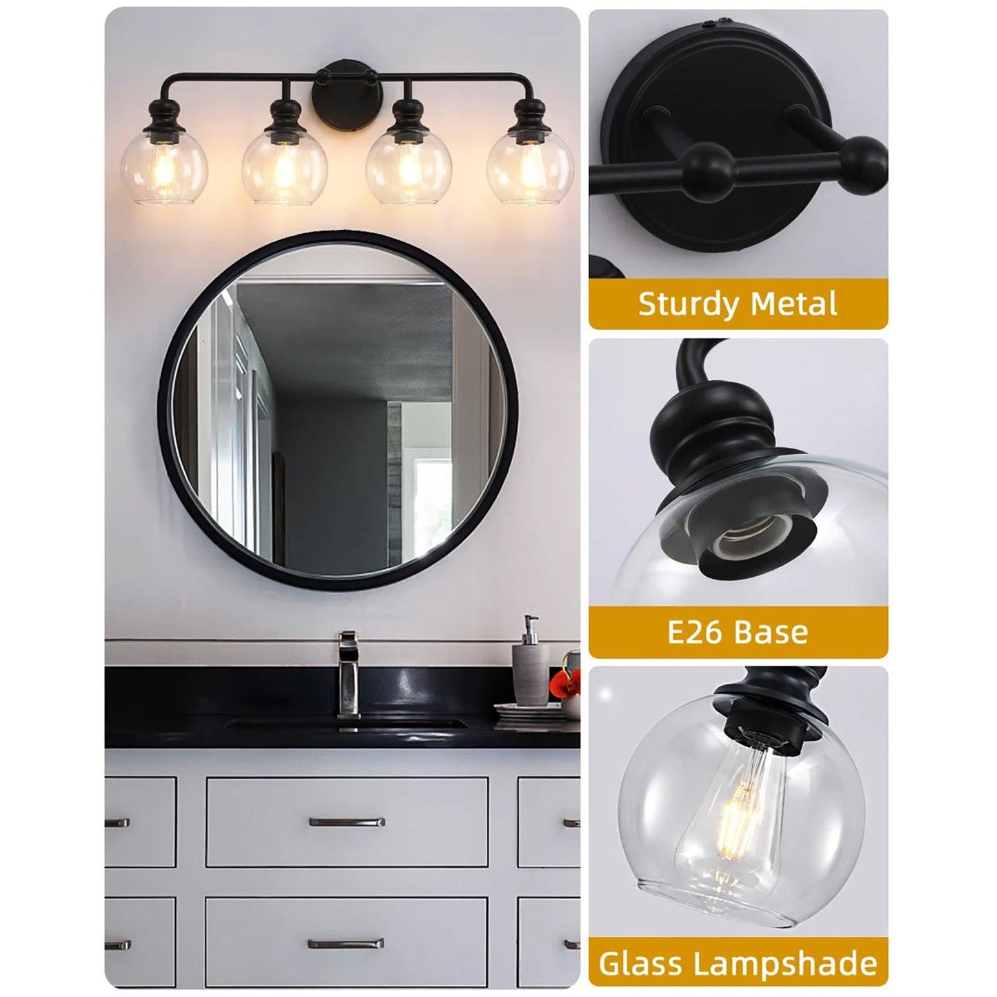 Irvine Black Modern Clear Glass 4-Light Vanity Light