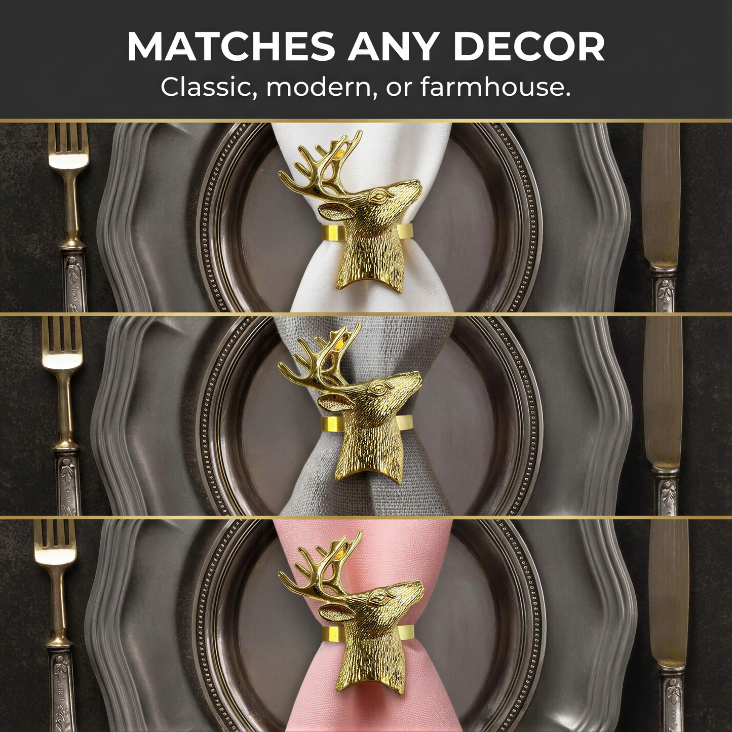 Gold Reindeer Napkin Rings – Festive Napkin Holders | Rust Resistant Table Decor Accessories