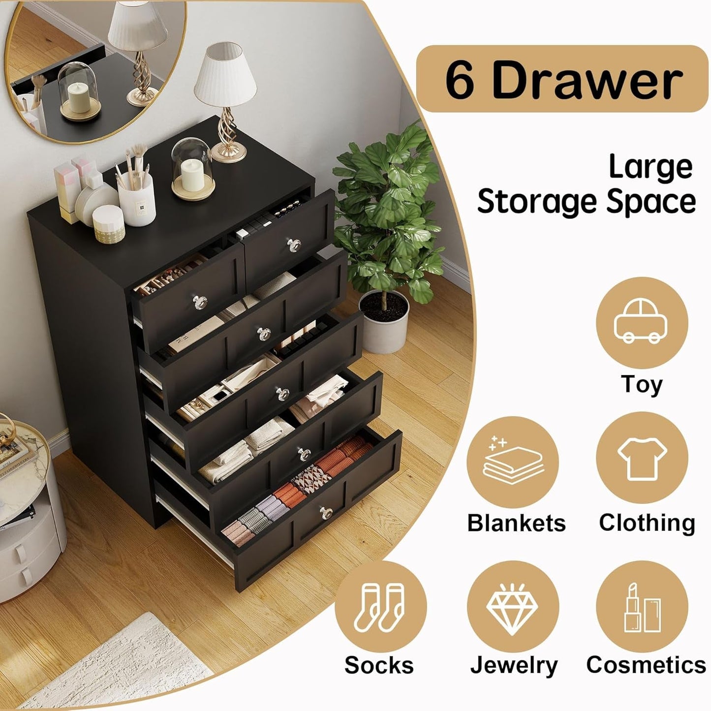 Black Fluted 24 Inch Dresser For Bedroom Storage Solutions