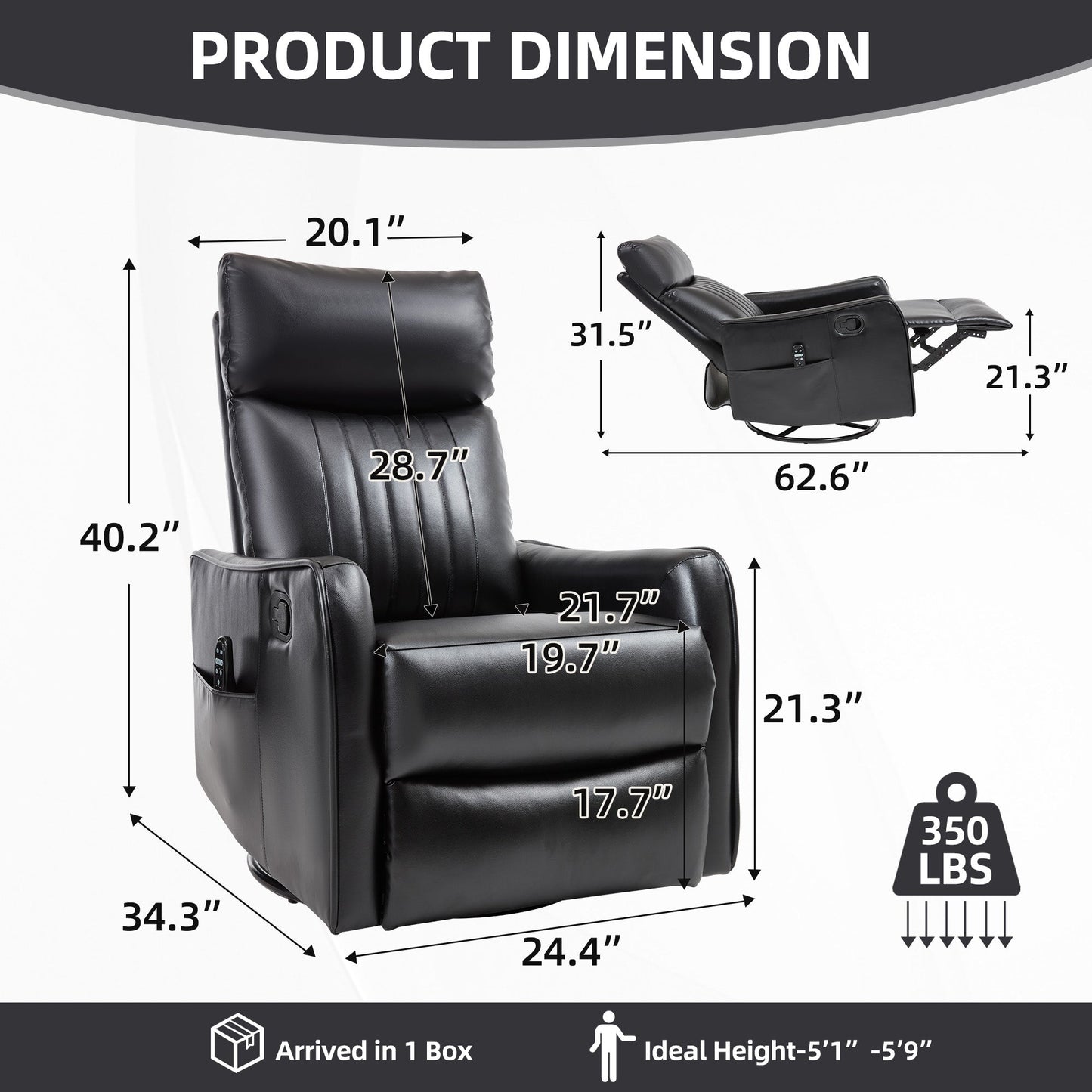 Black Faux Leather Heat Massage Manual Recliner Chair